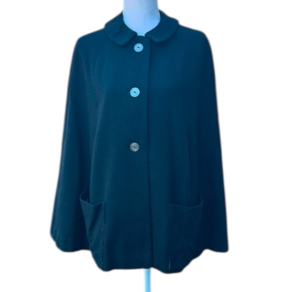 Vintage 1960s Wool Cape Mod Swing Coat Abstract Lined Black Small Medium